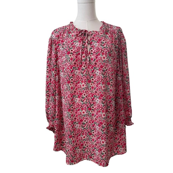 Cynthia Rowley Women's 3X Pink Floral Curvy PLUS Relaxed Flowy Tie-Neck Blouse - Picture 1 of 4